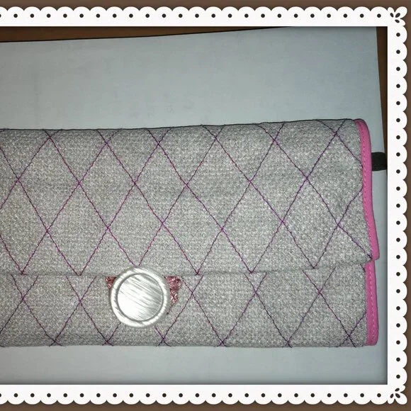 SOFT CREAM CANVAS  PURPLE STITCHES SMALL PURSE LARGE WHITE PEARL BUTTON HANDMADE - Picture 5 of 5